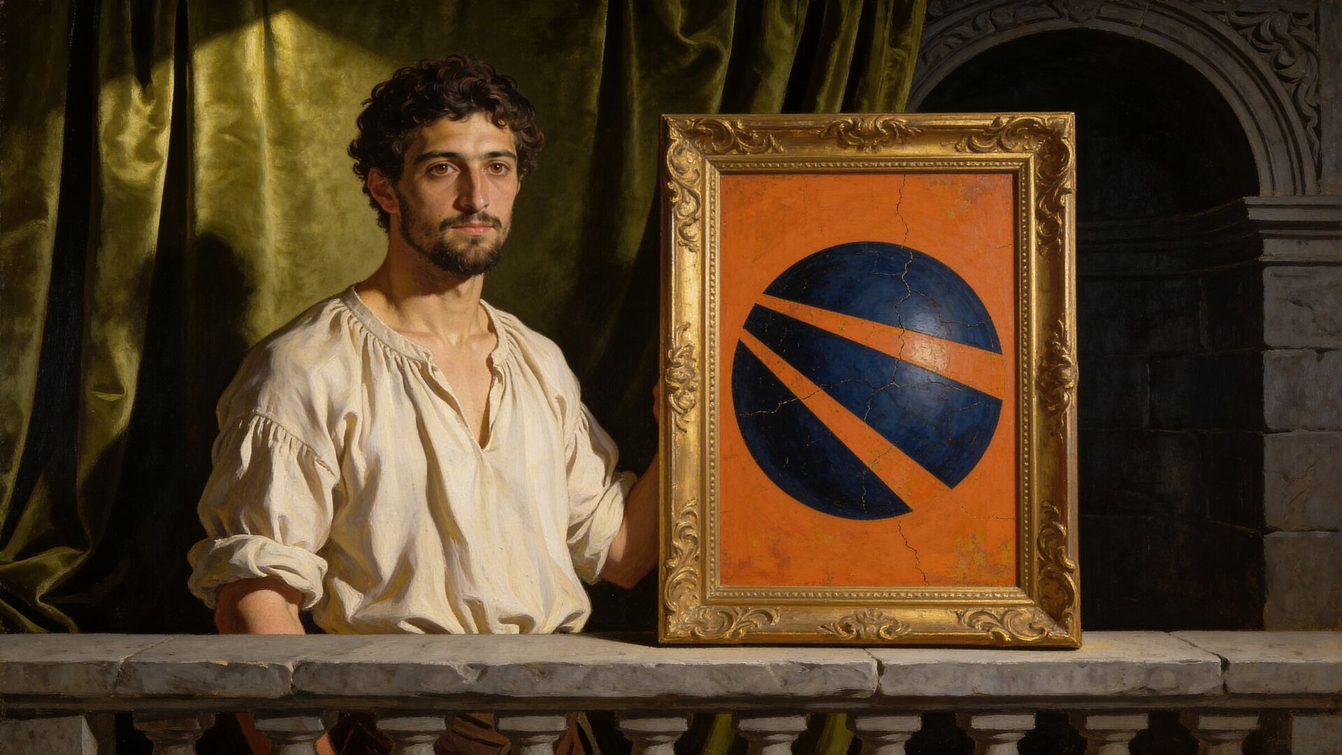 A Renaissance oil portrait of a young painter standing beside a gilded frame that holds the Rayspell emblem